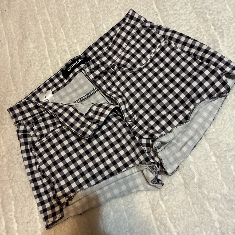 Express Black and White Checkered Jean Shorts